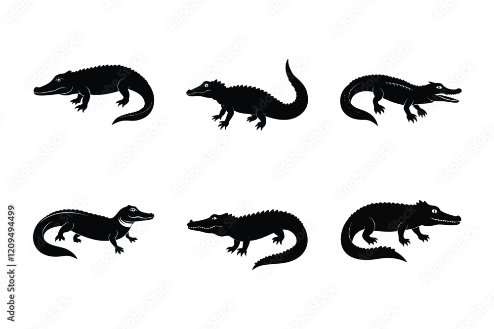 Naklejka premium Saltwater Crocodile (Crocodylus porosus) mammal animal, labeled silhouette vector art illustration.