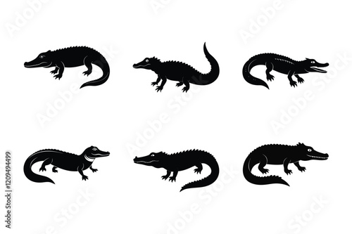 Saltwater Crocodile (Crocodylus porosus) mammal animal, labeled silhouette vector art illustration.