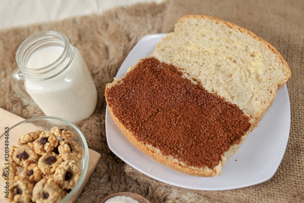 Bread with choco and butter on a plate for breakfast
Bread with choco and butter on a plate for breakfast