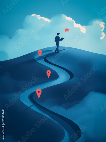 A creative digital artwork showing a businessman at the end of a stylized, winding roadmap under a sky of clouds, with a red flag at the destination.