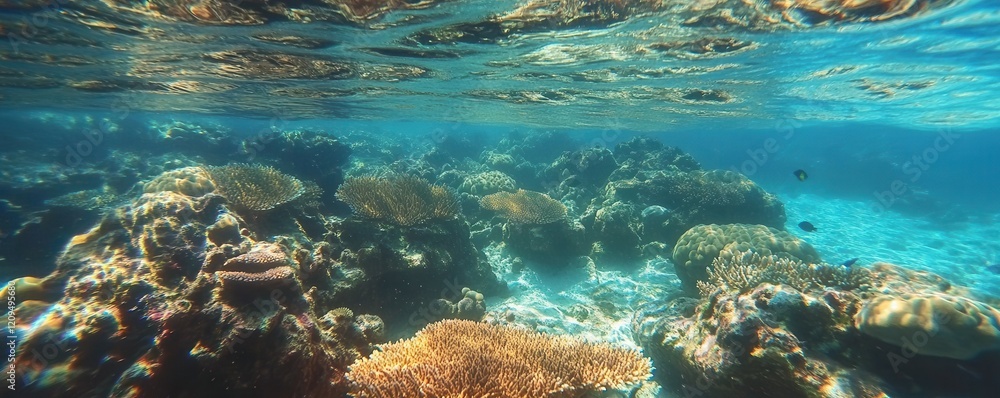 Fototapeta premium Vibrant underwater coral reef with tropical fish, clear blue ocean.