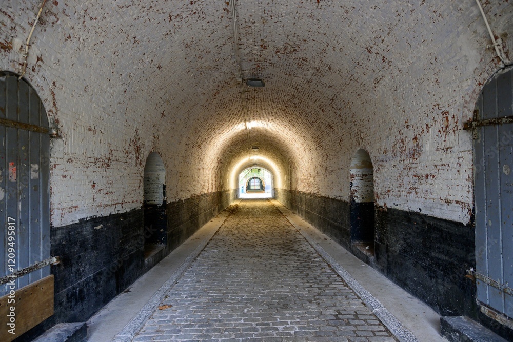 Fototapeta premium Historic Brick Tunnel with Cobblestone Path