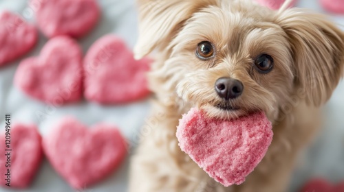 Cute dog holding a pink heart-shaped cookie in its mouth.