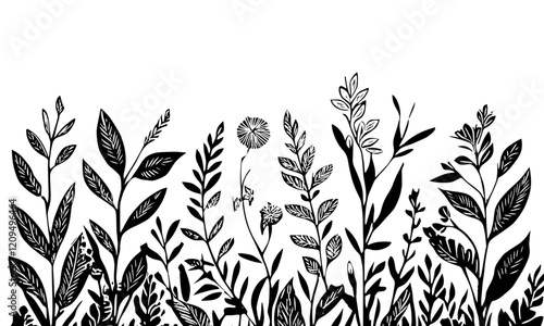 Linocut style flowers on transparent background. Nature, vector, minimal, plant, illustration.