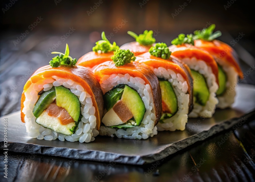 Succulent salmon, creamy avocado, and crisp cucumber star in this delicious sushi roll's candid dark-background photo. Succulent salmon, creamy avocado, and crisp cucumber star in this delicious sushi roll's candid dark-background photo.
