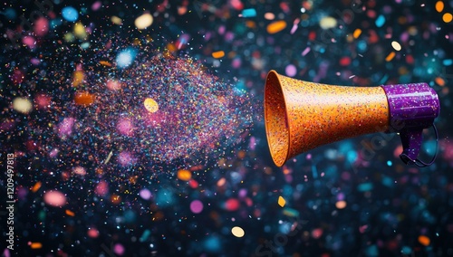 Colorful megaphone blasts a shower of confetti into the air