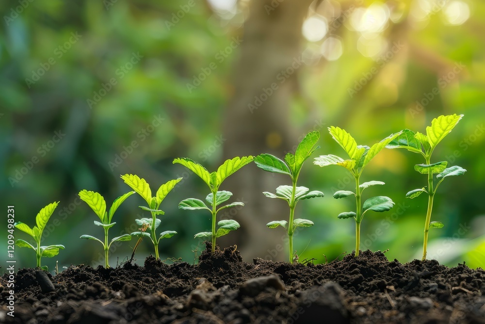 Seedlings growing in a row showing growth progress, from small to big, in nature with sunlight Seedlings growing in a row showing growth progress, from small to big, in nature with sunlight