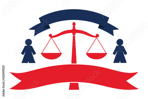 Legal justice scales, gender equality, blue female silhouettes, red balance symbol, navy ribbon banner, minimalist design, symbolic representation, rights and fairness concept, flat graphic style, 