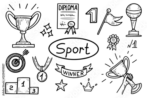 Set of sport success symbols hand drawn doodle. Prize award ceremony. Trophy for victory. Winner cup, medal, aim, target. Win. Vector line art illustration.