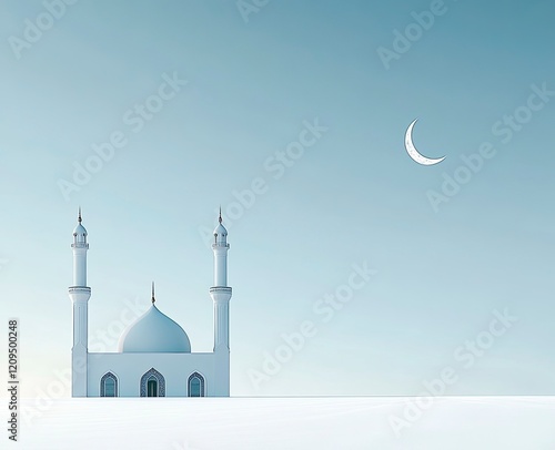 A minimalist mosque with two minarets against an empty background, symbolizing the simplicity of Ramadan and its spiritual significance.  photo