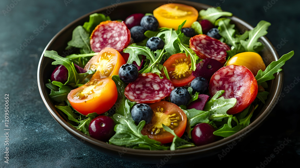 Delicious and Healthy Salad with Salami, Tomatoes, and Blueberries, healthy food, delicious food, gourmet food, food photography, healthy eating Delicious and Healthy Salad with Salami, Tomatoes, and Blueberries, healthy food, delicious food, gourmet food, food photography, healthy eating