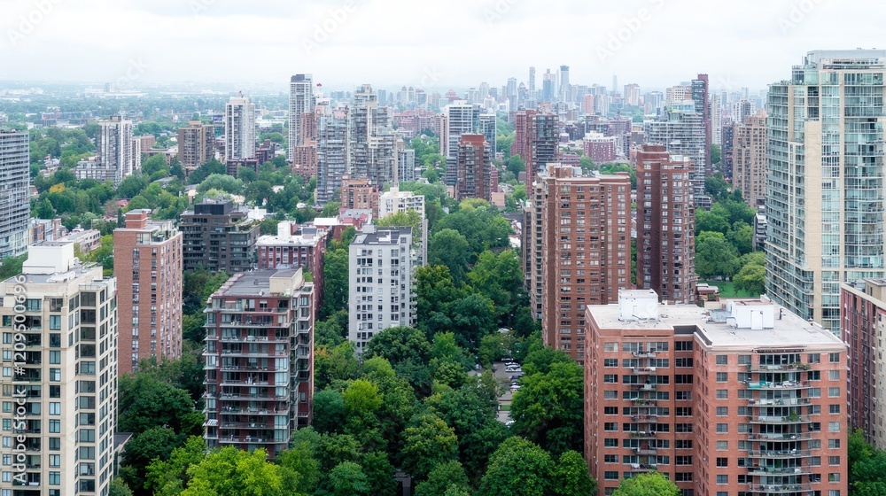 Fototapeta premium High angle view of apartment buildings rising from a dense green canopy of trees under an overcast sky.