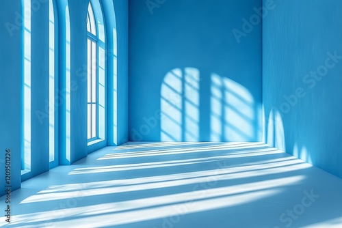 Abstract minimalist scene with light blue and white stripes on a wall  creating depth with shadows and an empty space in front of a white floor.