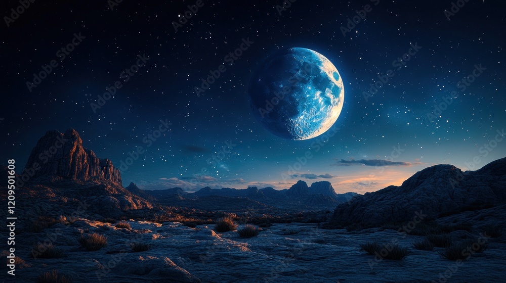 Alien planet night sky mountainscape Alien planet night sky mountainscape