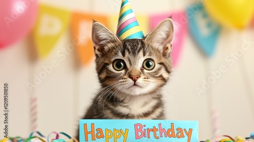 A playful kitten wearing a birthday hat sits in front of a colorful 