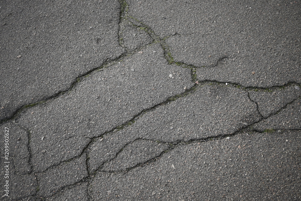 Obraz premium old cracked asphalt close-up, old cracked symmetrical pavement as a background, cracks on macro asphalt 