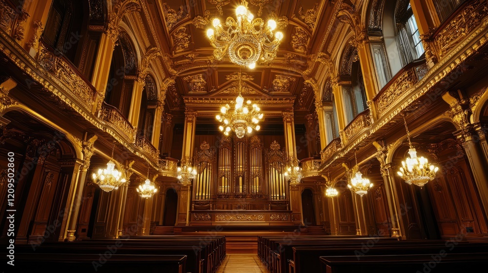 Flatlay of a classical concert hall with ornate woodwork and elegant lighting, providing clean space for text or logo. Flatlay of a classical concert hall with ornate woodwork and elegant lighting, providing clean space for text or logo.