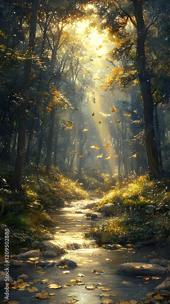Golden Leaves Fall on Stream in Autumn Forest Golden Leaves Fall on Stream in Autumn Forest