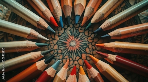 Colored pencils arranged circularly around patterned background. photo