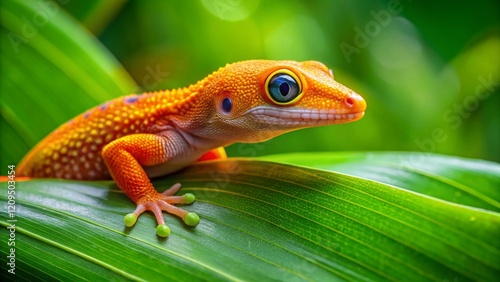 Adorable Orange Gecko on Green Leaf - Close Up Macro Wildlife Photography