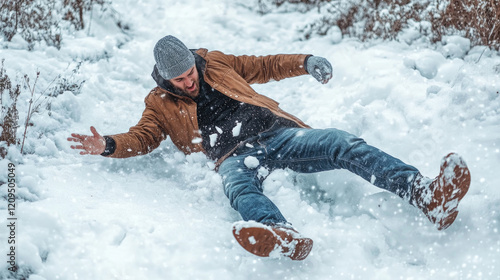 Man slipping and falling in deep snow while trying to maintain balance during winter conditions.. photo