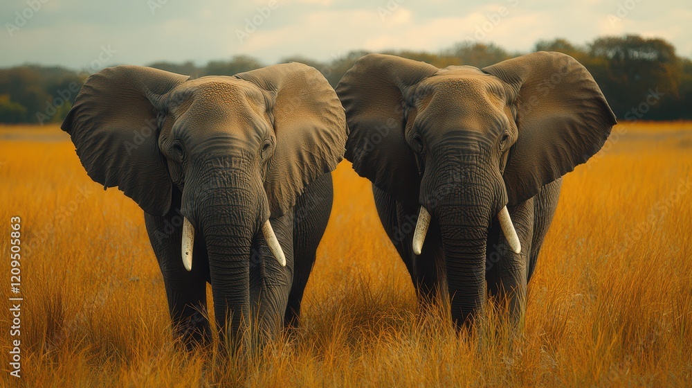Fototapeta premium Two majestic elephants stand side by side in a vast golden grassland, illuminated by the warm glow of the setting sun, showcasing their impressive stature and tusks. Generative AI