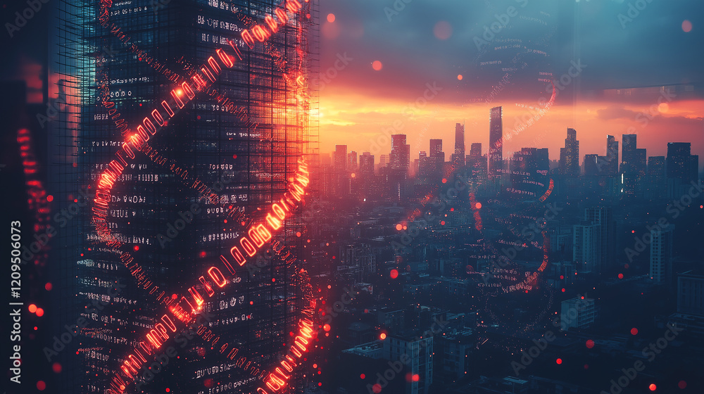 Naklejka premium Stunning double exposure of a vibrant city skyline against a twilight backdrop with digital elements interwoven