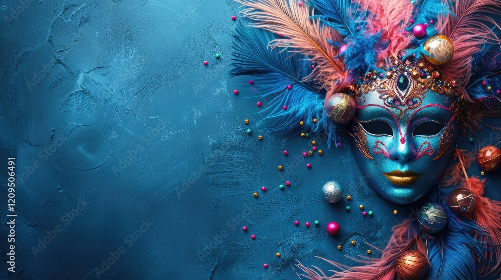 A colorful Mardi Gras mask banner with copy space. Bright feathers and intricate designs is displayed on a deep blue background, surrounded by shiny beads, capturing festive spirit of the celebration A colorful Mardi Gras mask banner with copy space. Bright feathers and intricate designs is displayed on a deep blue background, surrounded by shiny beads, capturing festive spirit of the celebration