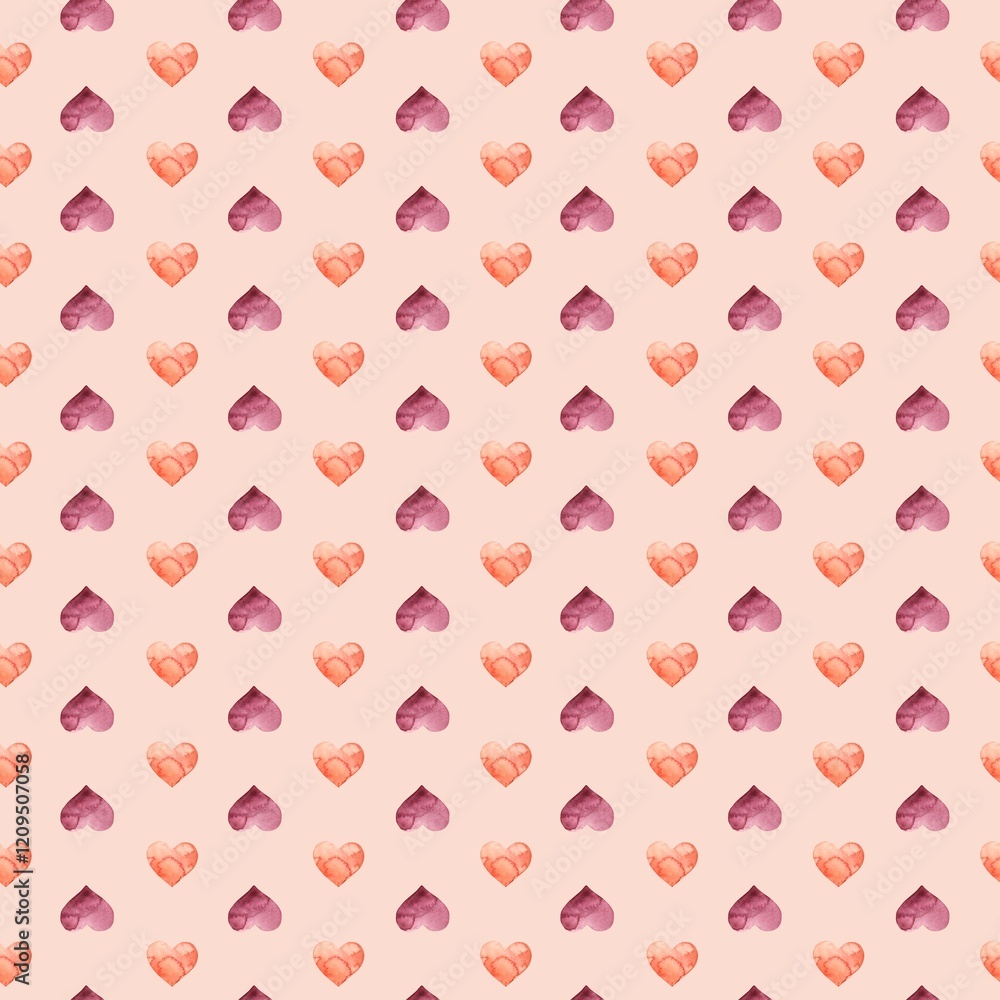 Watercolor red and crimson hearts arranged alternately. Seamless pattern, hand-drawn on a pink background. Suitable for weddings, Valentine's Day, birthdays, anniversaries, for textiles, packaging. Watercolor red and crimson hearts arranged alternately. Seamless pattern, hand-drawn on a pink background. Suitable for weddings, Valentine's Day, birthdays, anniversaries, for textiles, packaging.