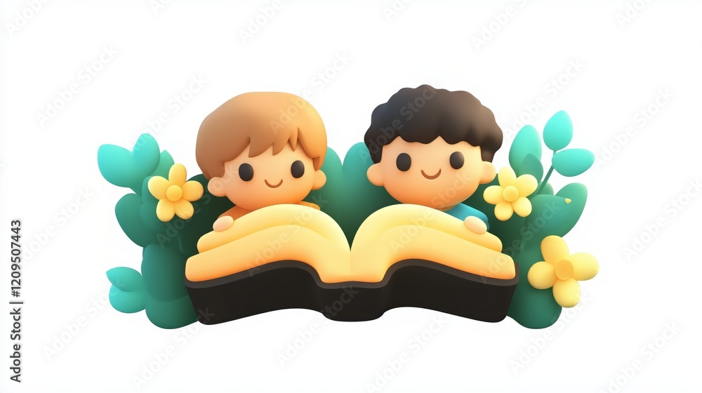 Cute children reading book surrounded by flowers in whimsical art Cute children reading book surrounded by flowers in whimsical art