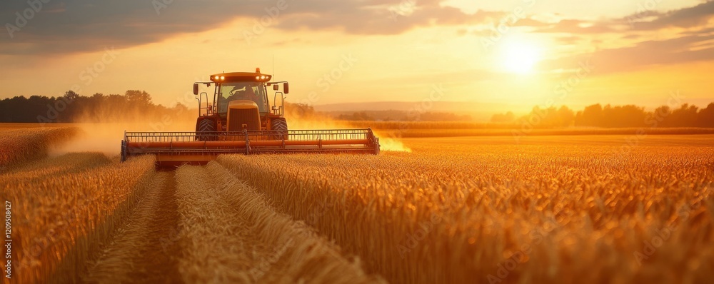 Fototapeta premium Wheat grain pouring from a harvester in a golden field during sunset, showcasing an abundant harvest scene with warm tones and a natural backdrop