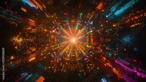 Overhead shot of a concert music stage, illuminated with colorful stage lights in a variety of hues, with empty space for copy.