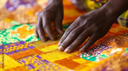 Hands weaving colorful patterned textile, close view.