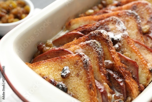 Wallpaper Mural Freshly baked bread pudding in baking dish, closeup Torontodigital.ca