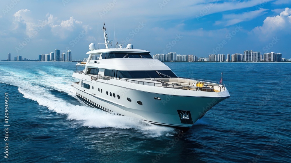 Luxurious yacht cruising over calm ocean waters under a blue sky. Luxurious yacht cruising over calm ocean waters under a blue sky.