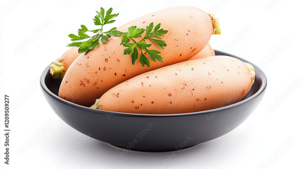 Fresh jicama in black bowl with parsley garnish isolated design Fresh jicama in black bowl with parsley garnish isolated design