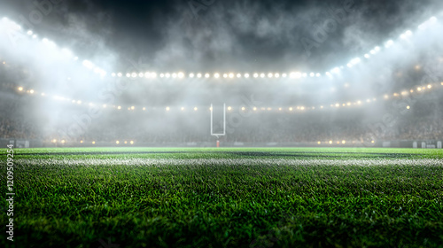 Empty Football Stadium at Night, field, lights, grass, green, game