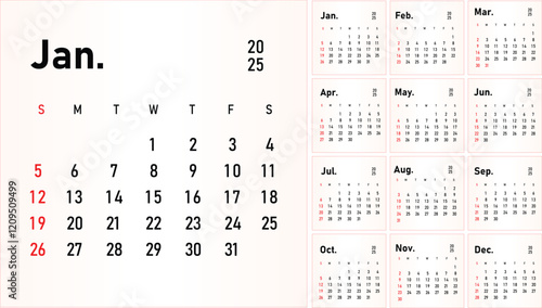 2025 calendar template. Week starts on Sunday. illustration	