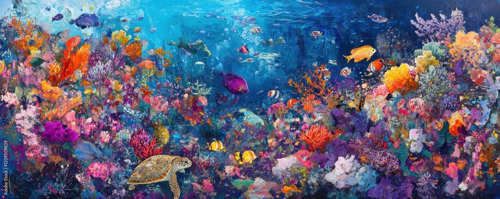 Fototapeta premium A vibrant coral reef teeming with colorful fish and graceful sea turtles, creating a mesmerizing underwater spectacle.