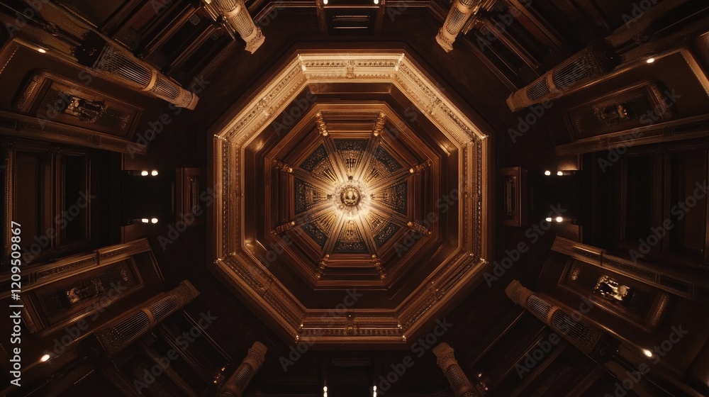 Obraz premium Overhead shot of a traditional concert hall with intricate wood details and soft light beams, offering space for branding or text.