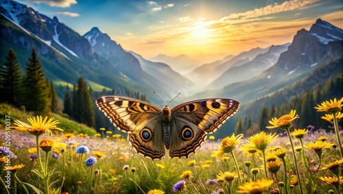 Majestic Owl Butterfly in Serene Mountain Meadow Landscape photo