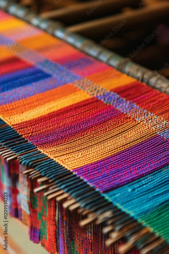 Colorful weaving on a wooden loom, patterned. Colorful weaving on a wooden loom, patterned.