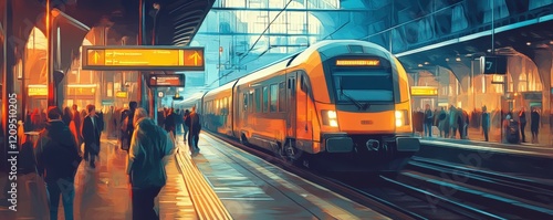 A bustling train station with trains arriving and departing, passengers hurrying to catch their rides.