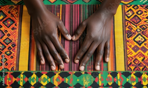 Hands over patterned fabric, forming heart shape.