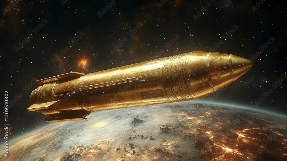 Golden Spaceship Soaring Above a Fiery Planet, rocket, spacecraft, metallic, cosmos, universe Golden Spaceship Soaring Above a Fiery Planet, rocket, spacecraft, metallic, cosmos, universe