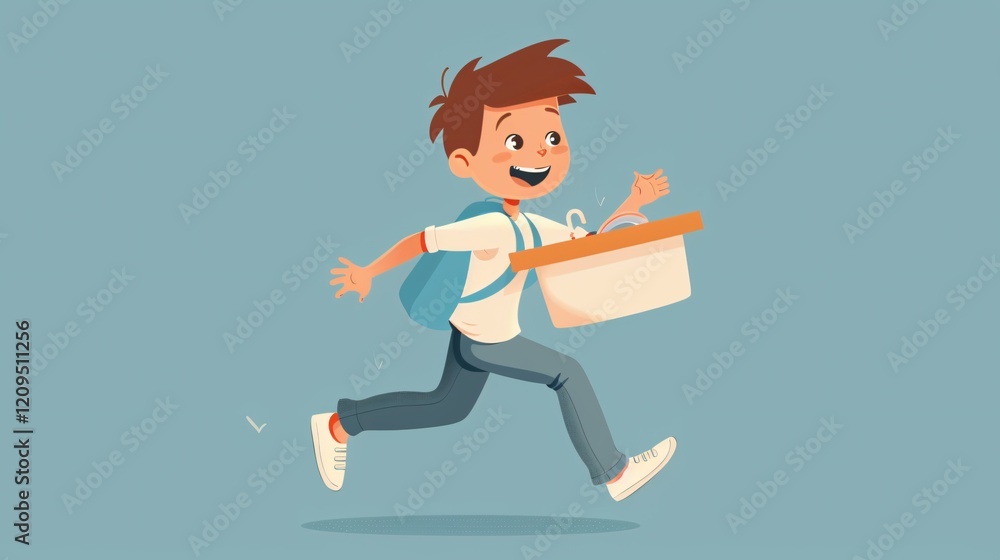 Fototapeta premium Energetic Kid Running with Clean Dishes Box, Helping Parents at Home