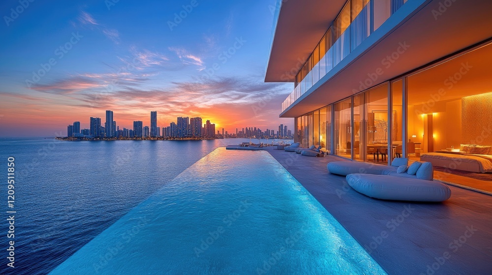 Fototapeta premium Sunset Luxury Penthouse Pool, City Skyline View