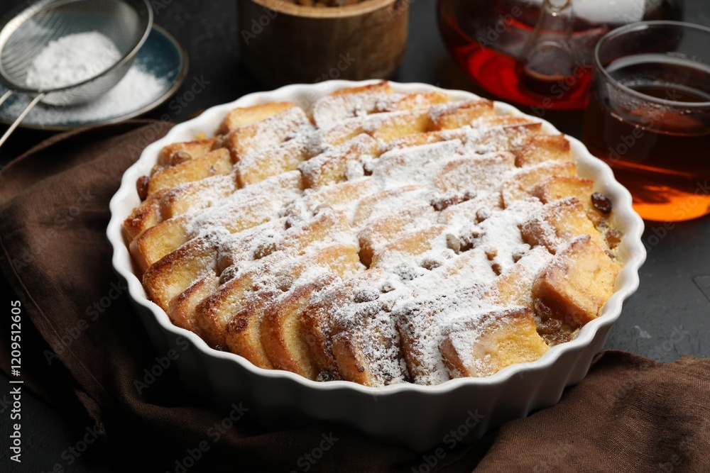 Delicious bread pudding with raisins, powdered sugar and tea on black table, closeup Delicious bread pudding with raisins, powdered sugar and tea on black table, closeup