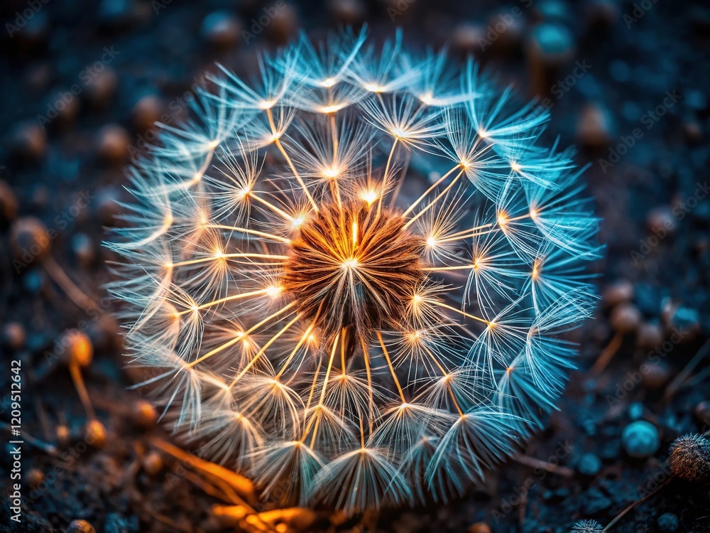 Obraz premium Night Dandelion Seed Head Macro - Top View Closeup Nature Photography
