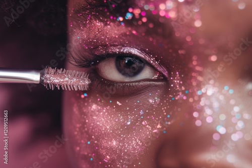 Super close up eye of black woman applying mascara on her lashes glitter cosmetics pink photo